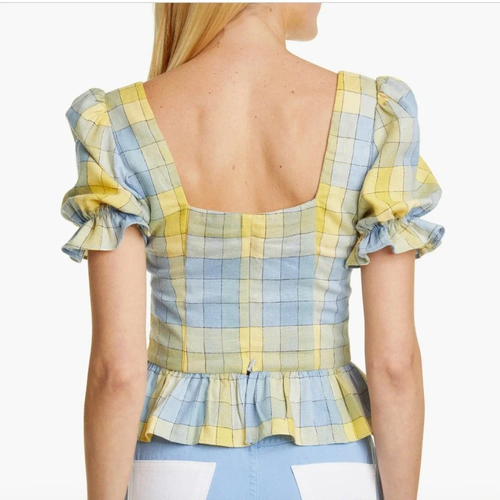 STAUD Dock Top in Coastal Blue Check Size 0 NWOT Plaid Peplum‎ Top Linen Blend